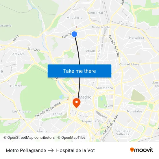 Metro Peñagrande to Hospital de la Vot map