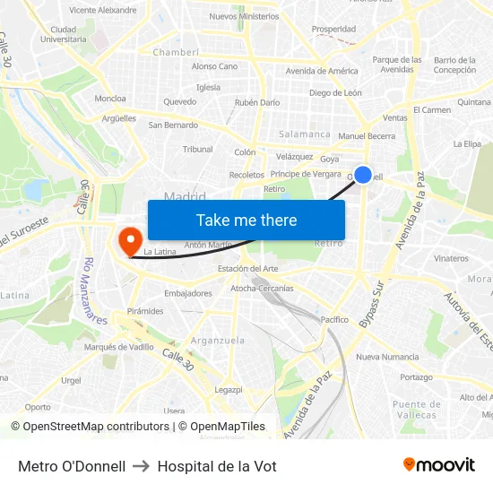 Metro O'Donnell to Hospital de la Vot map