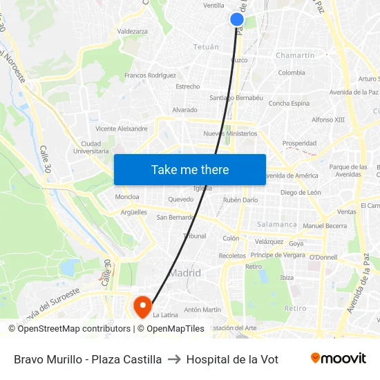 Bravo Murillo - Plaza Castilla to Hospital de la Vot map