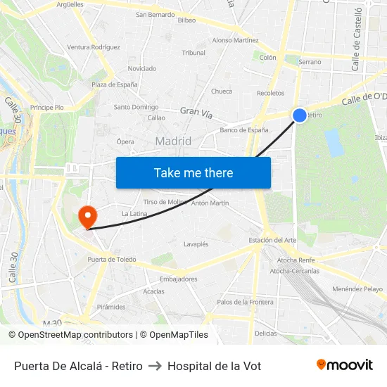 Puerta De Alcalá - Retiro to Hospital de la Vot map