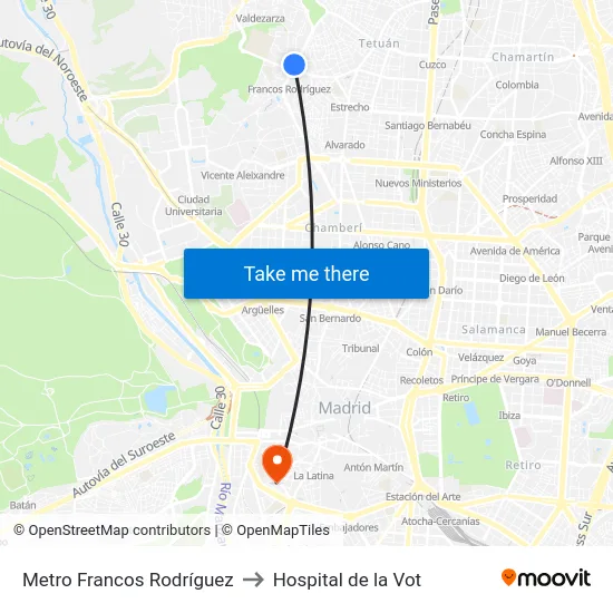 Metro Francos Rodríguez to Hospital de la Vot map