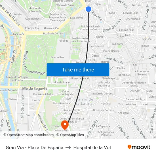 Gran Vía - Plaza De España to Hospital de la Vot map