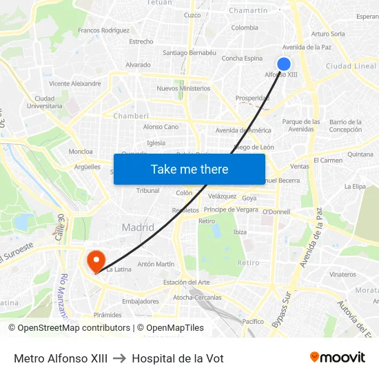 Metro Alfonso XIII to Hospital de la Vot map