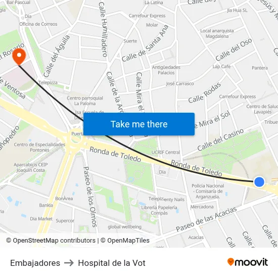 Embajadores to Hospital de la Vot map