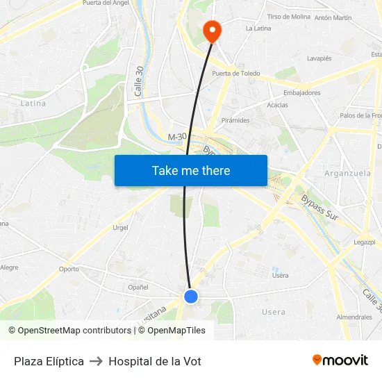 Plaza Elíptica to Hospital de la Vot map