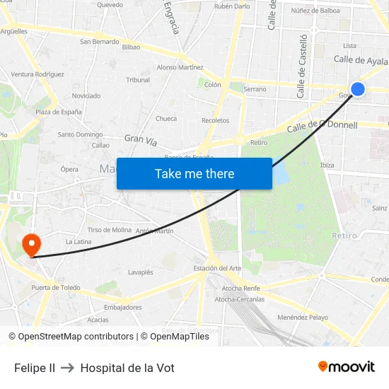Felipe II to Hospital de la Vot map
