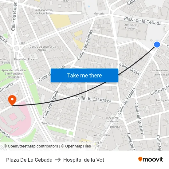 Plaza De La Cebada to Hospital de la Vot map