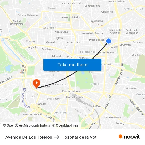 Avenida De Los Toreros to Hospital de la Vot map
