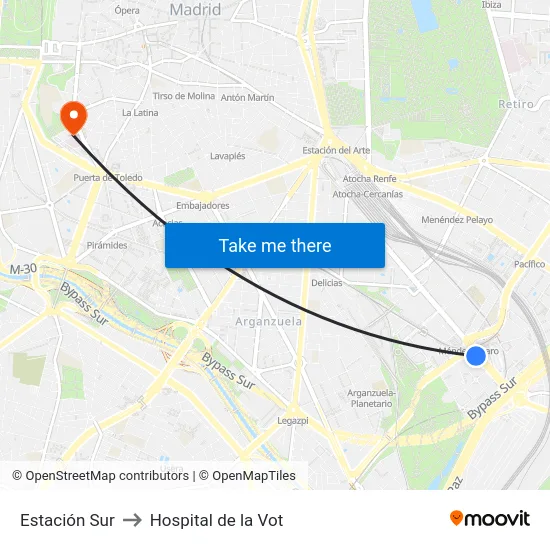 Estación Sur to Hospital de la Vot map