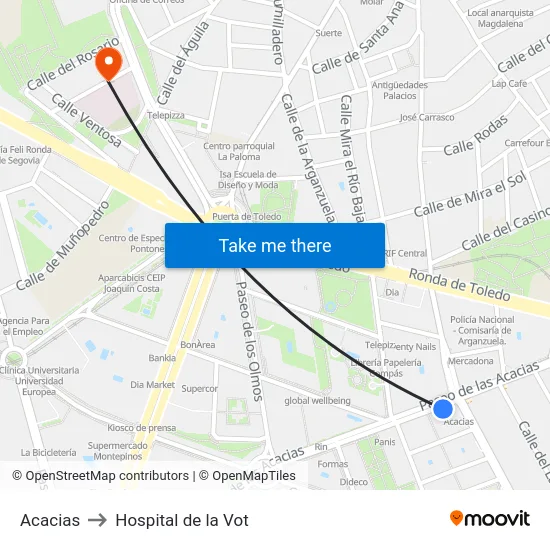 Acacias to Hospital de la Vot map