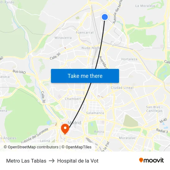Metro Las Tablas to Hospital de la Vot map