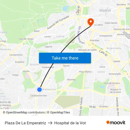 Plaza De La Emperatriz to Hospital de la Vot map