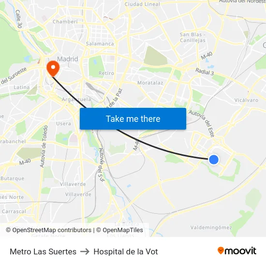 Metro Las Suertes to Hospital de la Vot map