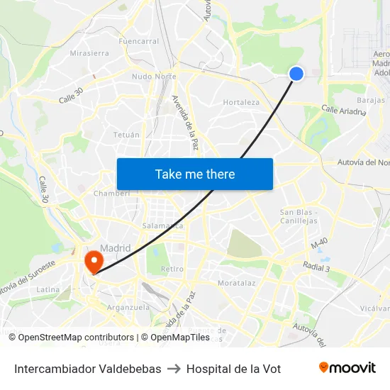 Intercambiador Valdebebas to Hospital de la Vot map