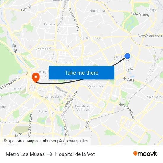 Metro Las Musas to Hospital de la Vot map