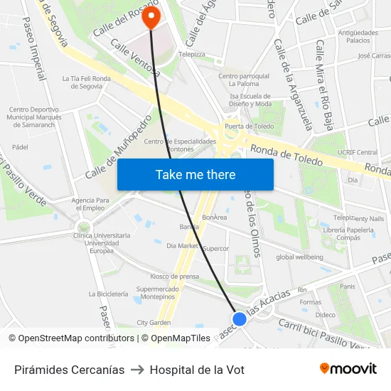 Pirámides Cercanías to Hospital de la Vot map