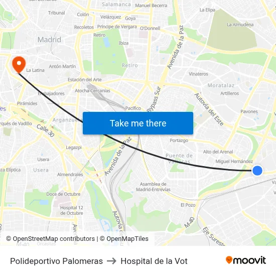 Polideportivo Palomeras to Hospital de la Vot map
