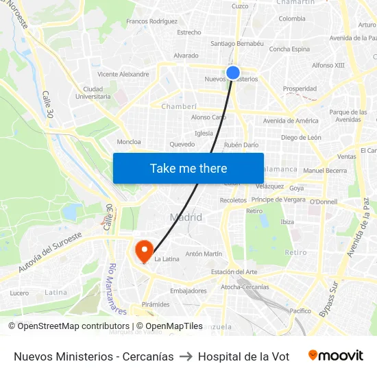 Nuevos Ministerios - Cercanías to Hospital de la Vot map