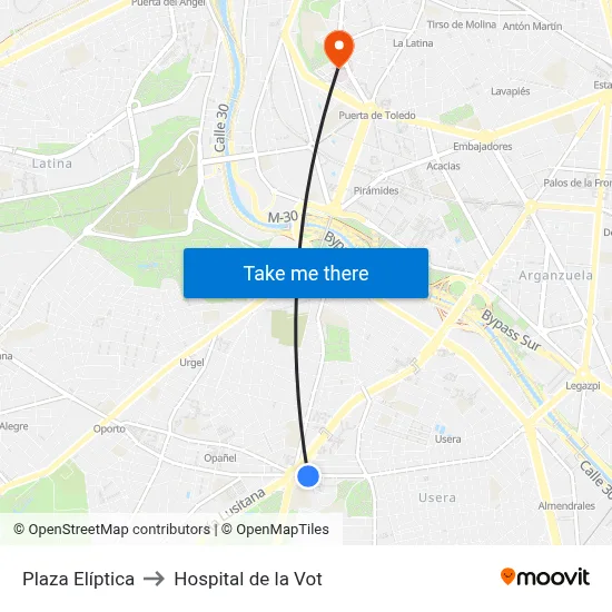 Plaza Elíptica to Hospital de la Vot map