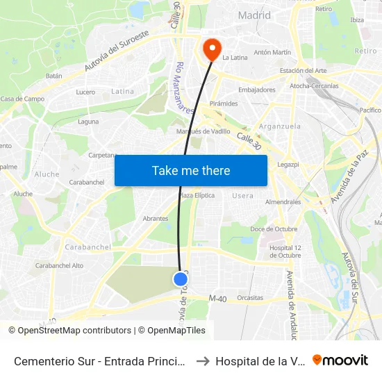 Cementerio Sur - Entrada Principal to Hospital de la Vot map