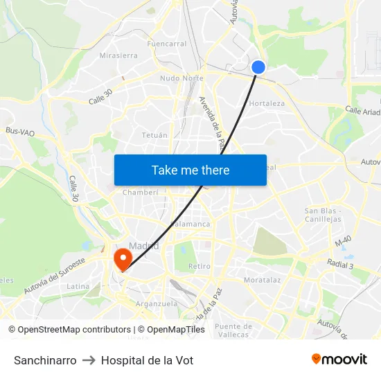 Sanchinarro to Hospital de la Vot map