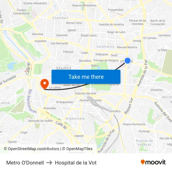 Metro O'Donnell to Hospital de la Vot map