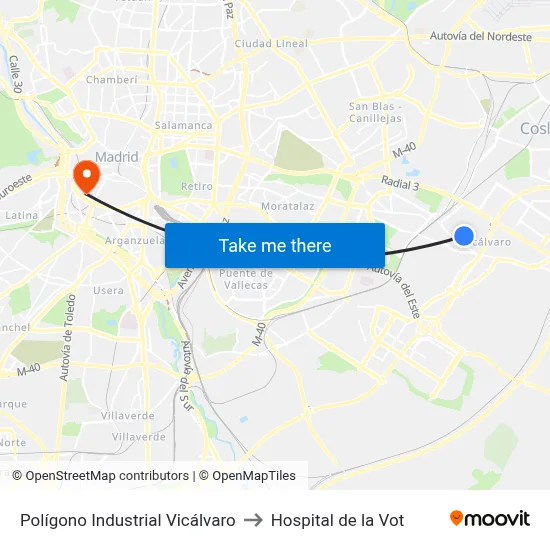 Polígono Industrial Vicálvaro to Hospital de la Vot map
