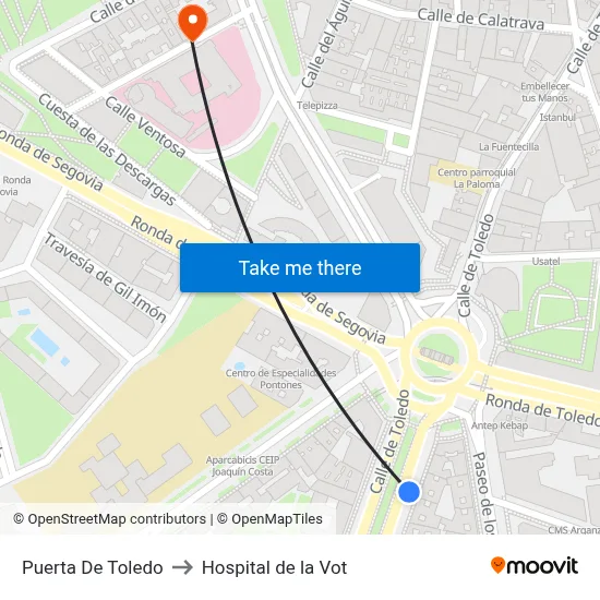 Puerta De Toledo to Hospital de la Vot map