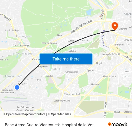 Base Aérea Cuatro Vientos to Hospital de la Vot map