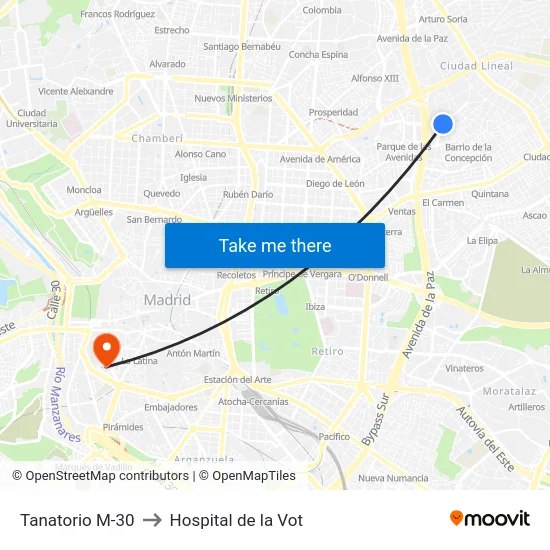 Tanatorio M-30 to Hospital de la Vot map