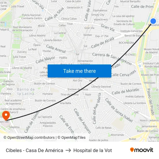 Cibeles - Casa De América to Hospital de la Vot map