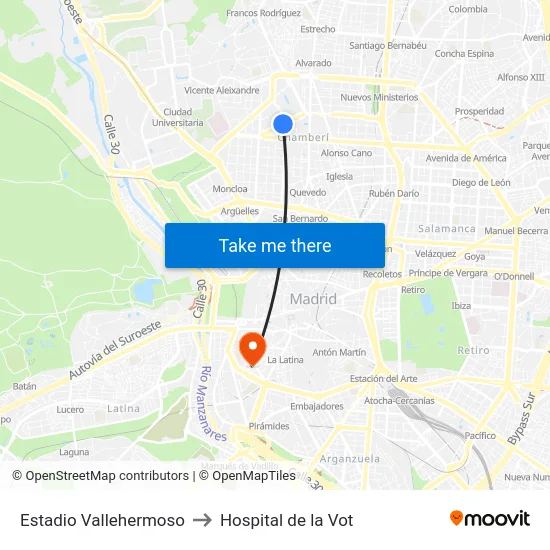 Estadio Vallehermoso to Hospital de la Vot map