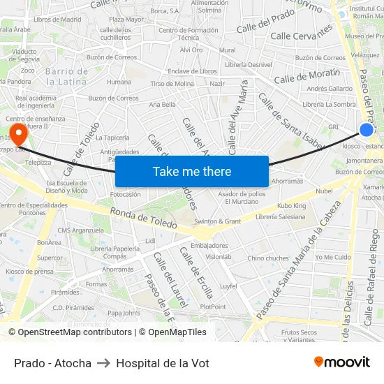 Prado - Atocha to Hospital de la Vot map