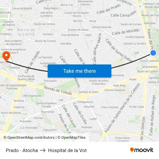 Prado - Atocha to Hospital de la Vot map