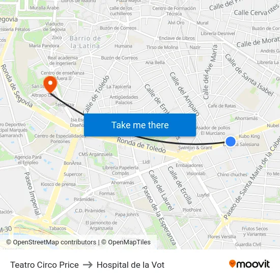 Teatro Circo Price to Hospital de la Vot map