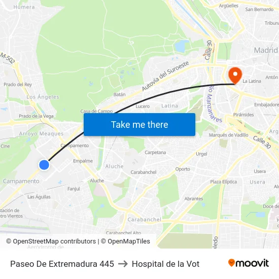 Paseo De Extremadura 445 to Hospital de la Vot map