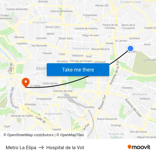 Metro La Elipa to Hospital de la Vot map