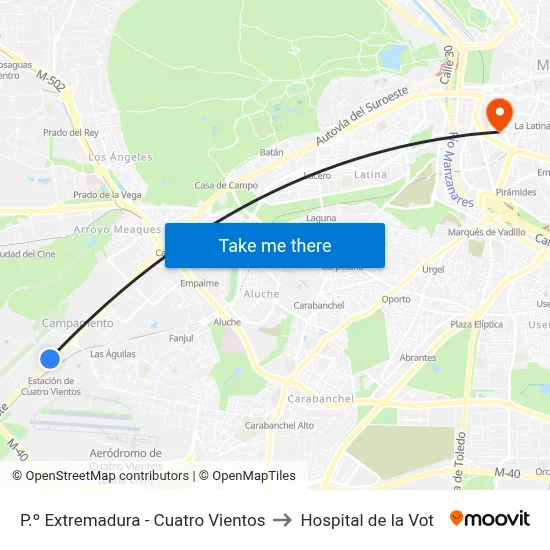 P.º Extremadura - Cuatro Vientos to Hospital de la Vot map