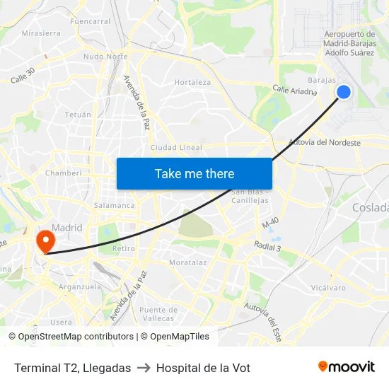 Terminal T2, Llegadas to Hospital de la Vot map