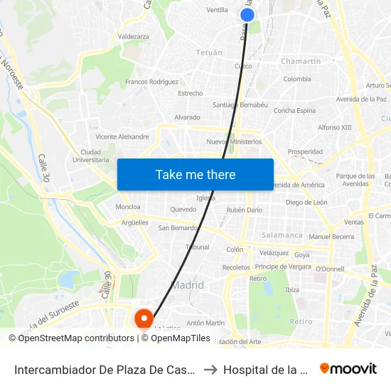 Intercambiador De Plaza De Castilla to Hospital de la Vot map