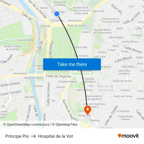 Príncipe Pío to Hospital de la Vot map