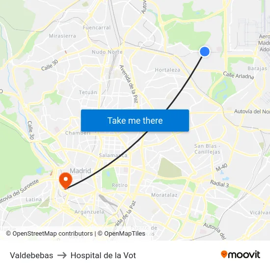 Valdebebas to Hospital de la Vot map