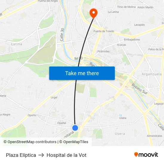 Plaza Elíptica to Hospital de la Vot map