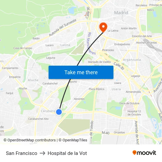 San Francisco to Hospital de la Vot map