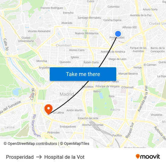Prosperidad to Hospital de la Vot map