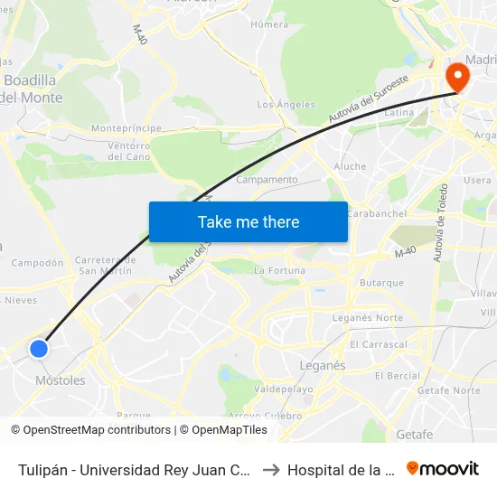 Tulipán - Universidad Rey Juan Carlos to Hospital de la Vot map
