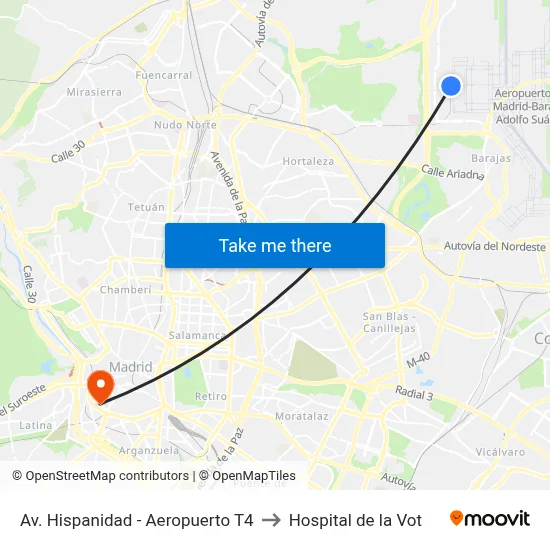 Av. Hispanidad - Aeropuerto T4 to Hospital de la Vot map