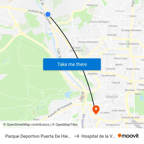 Parque Deportivo Puerta De Hierro to Hospital de la Vot map
