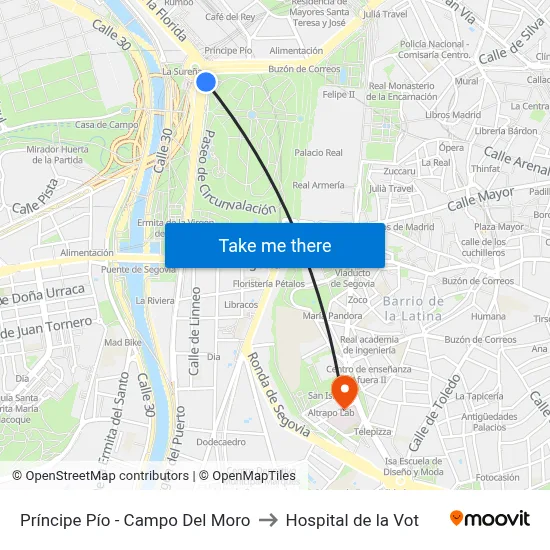 Príncipe Pío - Campo Del Moro to Hospital de la Vot map