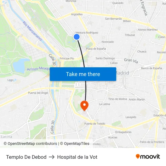 Templo De Debod to Hospital de la Vot map